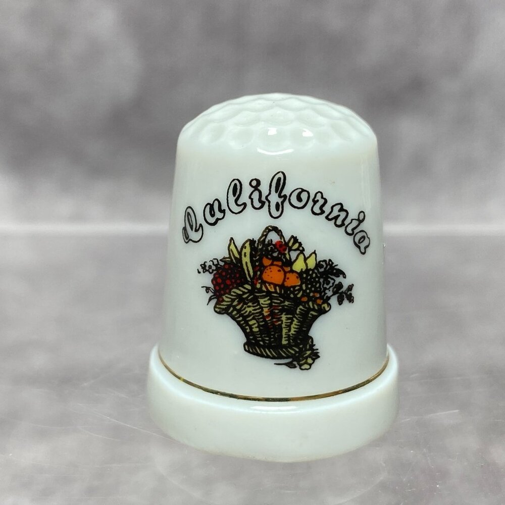 Vintage California Souvenir Thimble Fruit Basket Porcelain Sewing Collectible